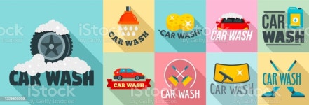 세차 로고 세트 플랫 스타일 세차장에 대한 스톡 벡터 아트 및 기타 이미지 - 세차장, 로고, 기포 - iStock Car wash logo... 