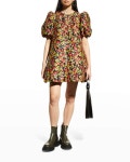 Ganni Floral Embroidered Button-Front Mini Dress with Puffed Sleeves | Neiman Marcus Ganni Floral Embroidered Button-Front Mini... 