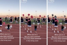 Adorable toddler jumps in to cheer with sister’s middle school cheerleading squad