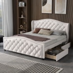 Beds | Ella White Lux PU Faux Leather Upholstered Headboard Doubled Bed Frame | HomeTouch