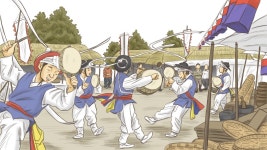 장터 구경꾼들을 모으는 남사당패 풍물놀이<소중한 기억 속 푸짐한 情, 시장<지역N문화 테마 장터 구경꾼들을 모으는 남사당패 풍물놀이