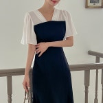 [핀턱 브이넥 쉬폰 배색 윙소매 원피스] My Classy Style, ODE