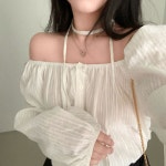 온유어리 [초커SET/에겐녀룩]청순가련 투웨이 오프숄더 셔링 코튼 블라우스 - 초커세트