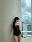 인더지아 [당일출고/M-XL]쁠리 빅사이즈 원피스수영복 리본 테리 배색 모노키니 2color