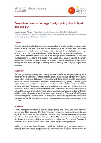 POINT 정책정보포털 | 상세정보 스페인과 유럽연합(EU)의 새로운 기술 외교정책 노선을 향하여 (Towards a new technology...