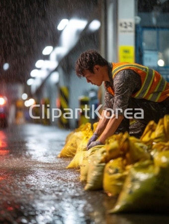 폭우 속에서 모래주머니를 설치하며 침수 예방에 나서는 재난 대응 요원 / tci00980000038 / JPG - 멤버십 AI이미지