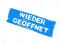 Dirty Blue Grunge Banner: Open Again In German Language - Hand Painted Stripe With White Stencil Text 로열티 무료 사진, 그림... 