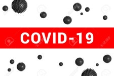 Bright Red Headline With Inscription COVID-19 On White With... Bright red headline with inscription COVID-19 on white with abstract... 