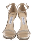Jimmy Choo Glitter Leather Trim Embellishment Sandals - Silver Sandals, Shoes - JIM500036 | The RealReal