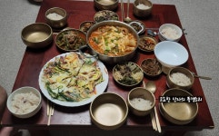 시댁형제들이 함께 한 삼겹살말이김치찌개, 열무선김치, 파전