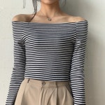 로지샵 [흘러내림X/예쁨보장!] 데쥬 단가라 슬림 오픈숄더 긴팔티;2color