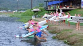 "Junior lifesavers in Qld training in dam during stinger sea...