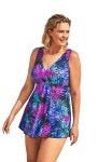 Plus Size Womens Surplice Swim Dress by Swim 365 in Black Multi Leaves (Size 16) on Roamans | IBT Shop Swim 365 Plus Size Women... 