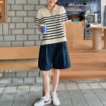 브리치 [미즈큐즈] 레아 스트라이프 심플 기본 단가라 밑트임 반팔 니트