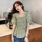 개미허리 체크 벌룬소매 스모크 블라우스(mbl1196) 개미허리 체크 벌룬소매 스모크 블라우스(mbl1196) - 브리치