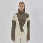 [라이] LIE 언발란스 배색 버튼 니트 카키 - 주식회사 패션지오 [라이] LIE 언발란스 배색 버튼 니트 카키