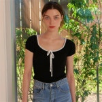 [카미노] SUMMER CAP RIBBON U-NECK KNIT BLACK - 주식회사 패션지오 [카미노] SUMMER CAP RIBBON U-NECK KNIT BLACK
