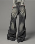 누아뮤트 [MADE] 줄라잇 워싱 프린지 핀턱 와이드 부츠컷 데님 팬츠 WASHING FRINGED PINTUCK WIDE BOOTCUT JEANS