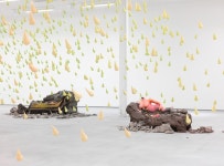 urs fischer suspends a sea of 3,000 sculpted plaster raindrops