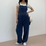 바이브즈 [주문폭주 / 빅사이즈, 임산부 가능] 보헤 진청 데님 오버롤 멜빵 팬츠 - 1 color / XL 당일발송 가능