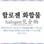 🌟할로젠 화합물: 할로젠 원소와 다른 원소의 화합물을 통틀어 이르는 말. 플루오린화물, 염화물, 브로민화물... - 표준국어대사전