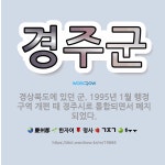 🌟경주군: 경상북도에 있던 군. 1995년 1월 행정 구역 개편 때 경주시로 통합되면서 폐지되었다. - 표준국어대사전