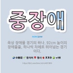 🌟중장애: 육상 장애물 경기의 하나. 92cm 높이의 장애물을, 하나씩 차례로 뛰어넘는 경기이다. - 표준국어대사전