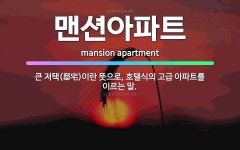 🌟맨션아파트: 큰 저택(邸宅)이란 뜻으로, 호텔식의 고급 아파트를 이르는 말. - 표준국어대사전