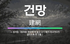 🌟건망: → 정치망. (정치망: 한곳에 쳐 놓고 고기 떼가 지나가다가 걸리도록 한 그물.) - 표준국어대사전