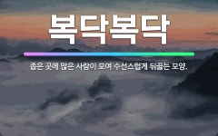 🌟복닥복닥: 좁은 곳에 많은 사람이 모여 수선스럽게 뒤끓는 모양. - 표준국어대사전