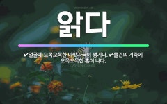 🌟앍다: 얼굴에 오목오목한 마맛자국이 생기다., 물건의 거죽에 오목오목한 흠이 나다. - 표준국어대사전
