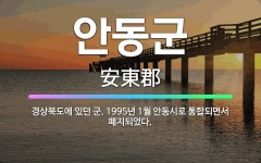 🌟안동군: 경상북도에 있던 군. 1995년 1월 안동시로 통합되면서 폐지되었다. - 표준국어대사전
