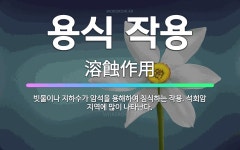 🌟용식 작용: 빗물이나 지하수가 암석을 용해하여 침식하는 작용. 석회암 지역에 많이 나타난다. - 표준국어대사전