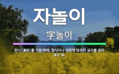 🌟자놀이: 한시(漢詩)를 지을 때에, 형식이나 내용에 맞추어 글자를 골라 놓는 일. - 표준국어대사전