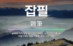 🌟잡필: 자질구레한 일을 기록함. 또는 그런 기록., 여러 가지 일을 질서 없이 기록함. 또는 그런 기록. - 표준국어대사전