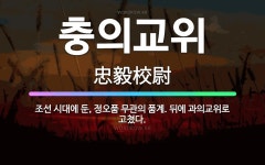 🌟충의교위: 조선 시대에 둔, 정오품 무관의 품계. 뒤에 과의교위로 고쳤다. - 표준국어대사전