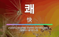 🌟쾌: 상쾌하고 즐거운 느낌., 감정의 근본 방향을 지속하여 나아가려는 상태. - 표준국어대사전