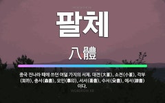 🌟팔체: 중국 진나라 때에 쓰던 여덟 가지의 서체. 대전(大篆), 소전(小篆), 각부(刻符), 충서(蟲書)... - 표준국어대사전