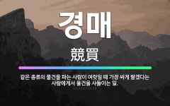 🌟경매: 같은 종류의 물건을 파는 사람이 여럿일 때 가장 싸게 팔겠다는 사람에게서 물건을 사들이는 일. - 표준국어대사전