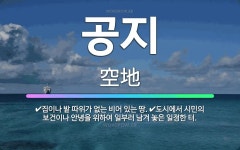 🌟공지: 집이나 밭 따위가 없는 비어 있는 땅., 도시에서 시민의 보건이나 안녕을 위하여 일부러 남겨 놓은... - 표준국어대사전