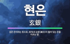 🌟현은: 검은 은이라는 뜻으로, 80%의 순분(純分)이 들어 있는 은을 이르는 말. - 표준국어대사전