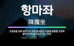 🌟항마좌: 오른발을 왼쪽 넓적다리 위에 올려놓은 다음에 왼발을 오른쪽 넓적다리에 올려놓고 앉는 자세. - 표준국어대사전