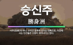 🌟승신주: 사주(四洲)의 하나. 수미산 동쪽에 있다는 대륙으로, 이곳에 사는 인간들은 신장이 뛰어나다고 한다. - 표준국어대사전