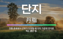🌟단지: 전통 혼례에서 신부가 단장할 때 이마 가운데 연지로 찍는 붉은 점. - 표준국어대사전