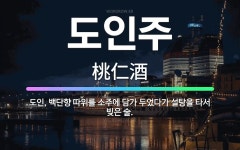 🌟도인주: 도인, 백단향 따위를 소주에 담가 두었다가 설탕을 타서 빚은 술. - 표준국어대사전
