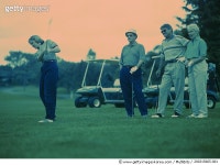 200315665-001 | 게티이미지코리아 | Three people watching friend on golf course Royalty-Free 이미지