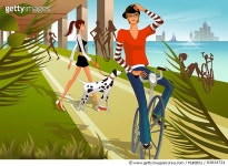 83834724 | 게티이미지코리아 | Woman walking with dog with another woman riding bicycle Royalty-Free 이미지