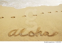 124810924 | 게티이미지코리아 | Aloha written in sand with footprints and wave wash. Royalty-Free 이미지