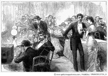 GRANC0013724_H | 게티이미지코리아 | TELEPHONES, 1882. /nNew-Years Eve greetings by telephone. Wood engraving, English, 1882.... 