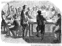 CHINESE IMMIGRANTS, 1855. /nA Chinese gaming house in California. Wood engraving, French, 1855. Rights-Managed 이미지